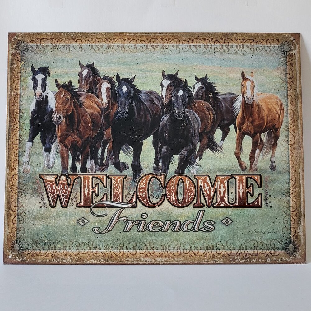 Running Horses Rustic Metal Tin Sign Welcome Friends Western Decor 16"x12.5"